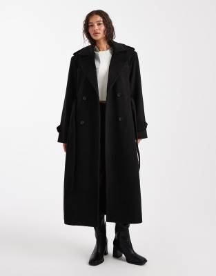 4th & Reckless - Eleganter, zweireihiger Midi-Trenchcoat in schwarzer Wolloptik mit Bindegürtel