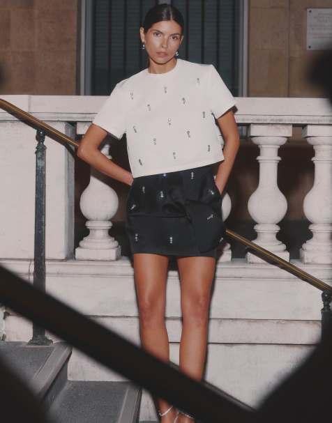 4th & Reckless embellished bow detail mini skirt co-ord in black - view 1