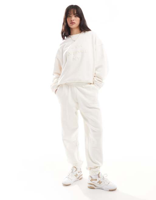 4th & Reckless embossed boucle NY logo sweatpants in cream - part of a set