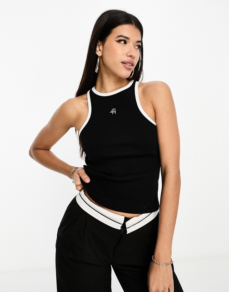 4th & Reckless Embroidered Logo Ribbed Tank Top With Contrast Pipping In Black