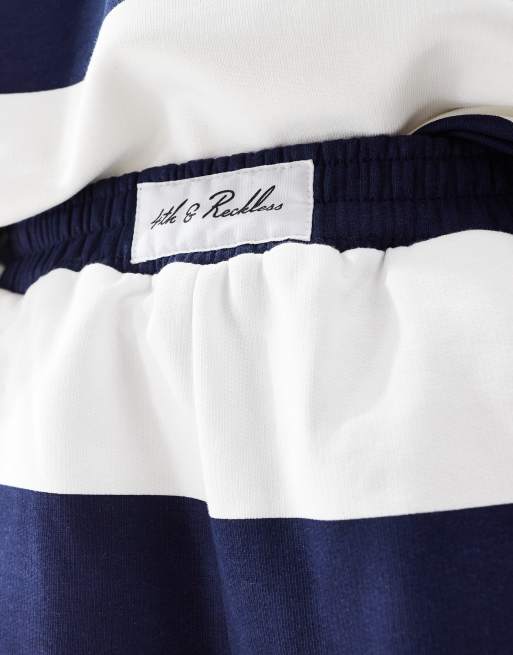 4th & Reckless embroidered logo stripe boxer sweat short co-ord in navy and white stripe, 2 of 5