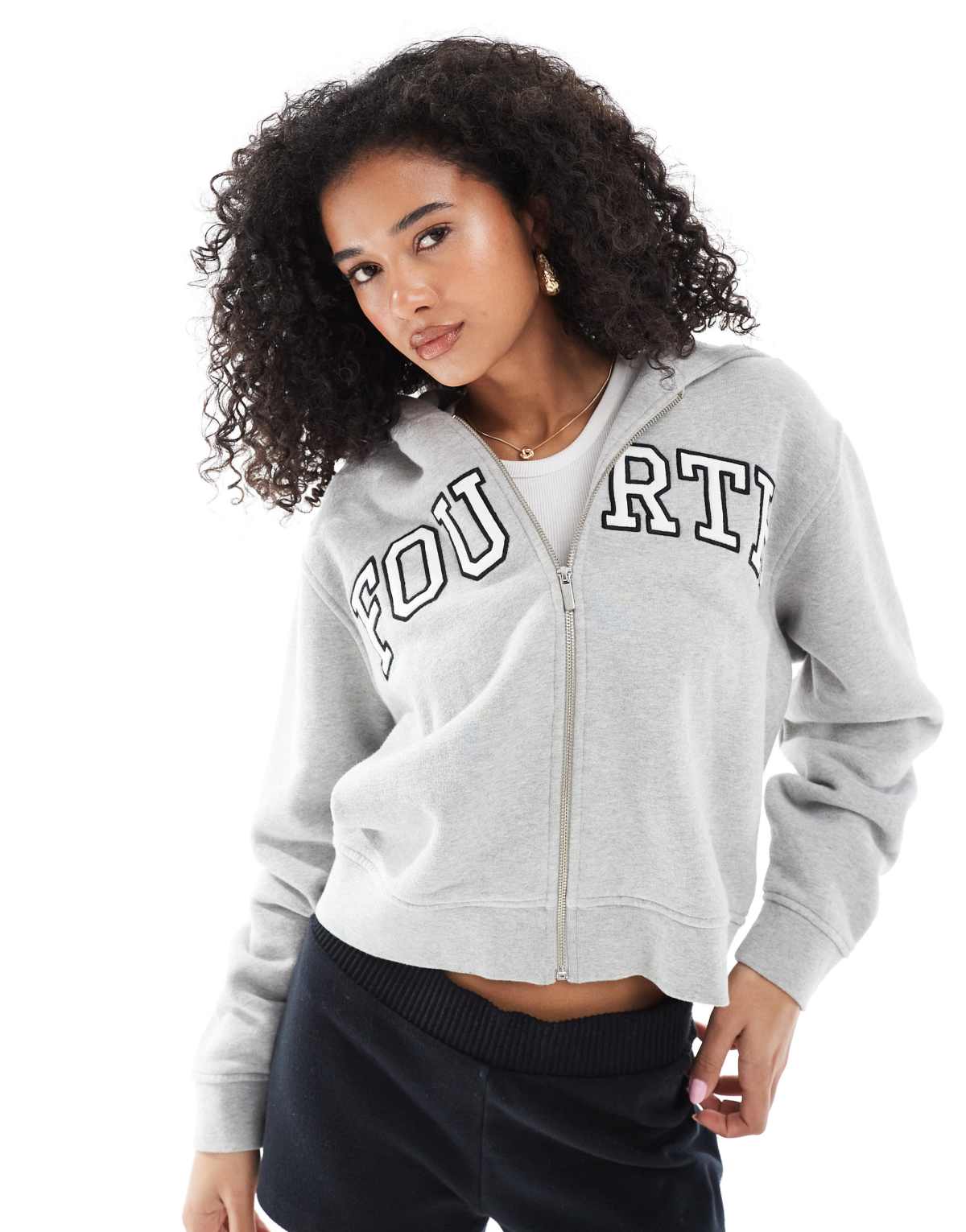 4th & Reckless embroidered logo zip through hoodie in grey