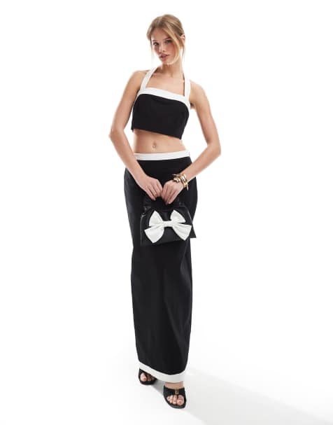 4th & Reckless - Ensemble effet lin avec crop top dos nu à bords contrastés et jupe longue - Noir et blanc - view 1