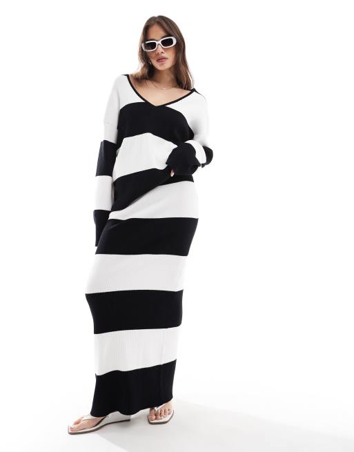 4th & Reckless - Ensemble rayé avec jupe longue et pull oversize à col en V - Noir/blanc