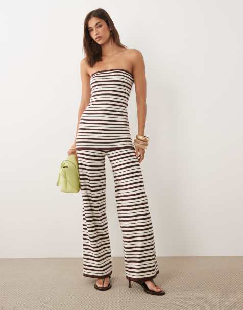 4th & Reckless - Ensemble top de plage bandeau long et pantalon en maille à rayures - Marron et crème - view 1