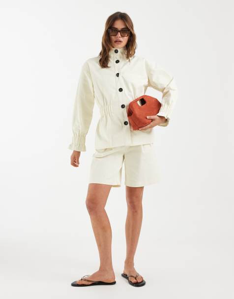 4th & Reckless - Ensemble veste boutonnée en coton avec col cheminée et taille froncée et short - Crème - view 1