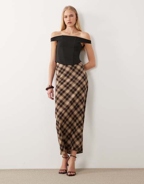 4th & Reckless Exclusive – Brązowa kolumnowa spódnica maxi z krepy ze wzorem w kratę - view 1