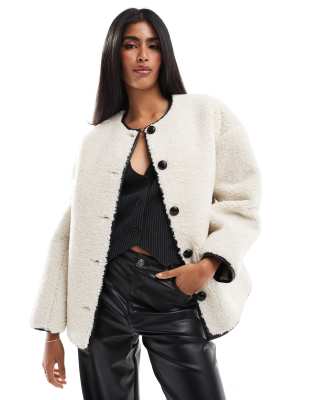 exclusive button detail faux shearling jacket in cream-White