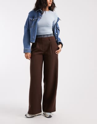 4th & Reckless Exclusive Check Waistband Detail Wide Leg Tailored Pants In Brown
