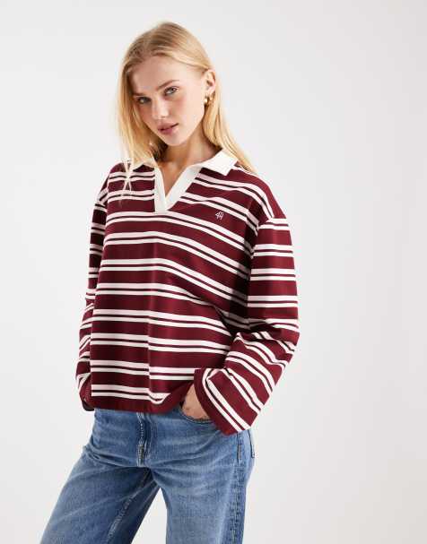 4th & Reckless exclusive cotton collared long sleeve embroidered logo rugby top in burgundy and pink stripe - view 1