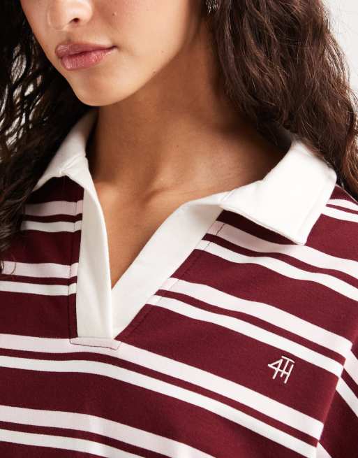 4th & Reckless exclusive cotton collared long sleeve embroidered logo rugby top in burgundy and pink stripe, 3 of 4