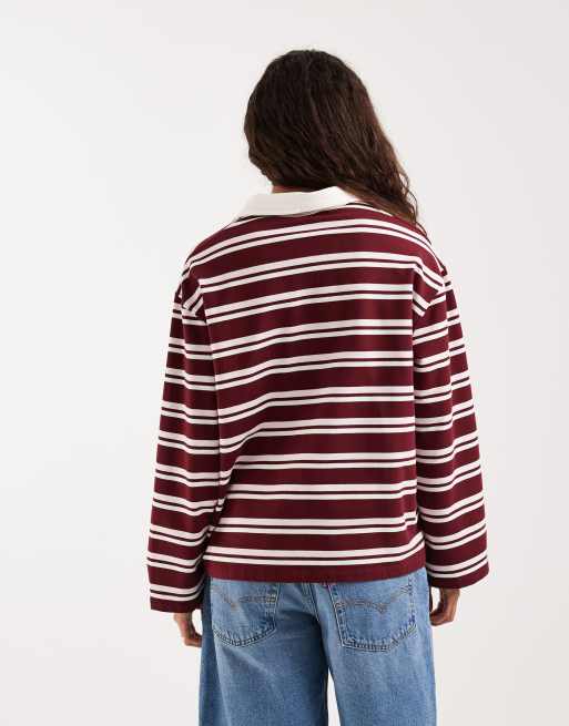 4th & Reckless exclusive cotton rich collared long sleeve embroidered logo rugby top in burgundy and pink stripe, 4 of 4