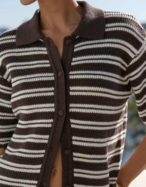 4th & Reckless exclusive crochet oversized sleeve beach shirt co-ord in chocolate & white stripe, 2 of 3