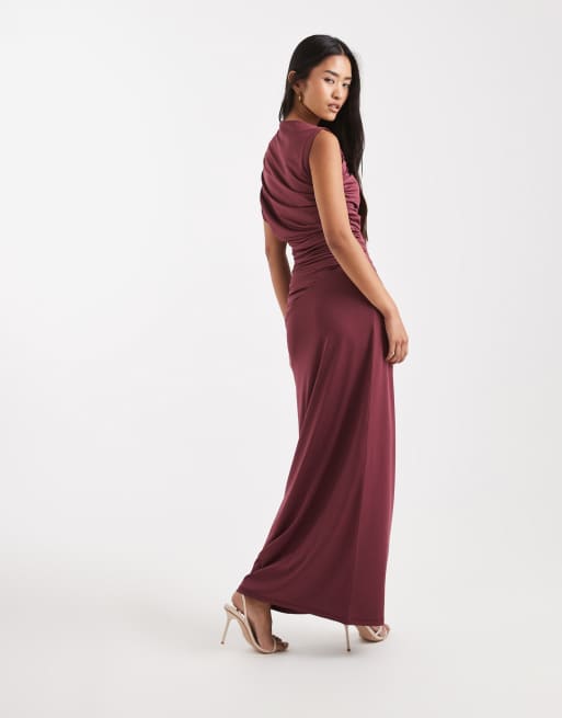 4th & Reckless exclusive double layered slinky drape off shoulder detail sleeveless maxi dress in burgundy, 3 of 4