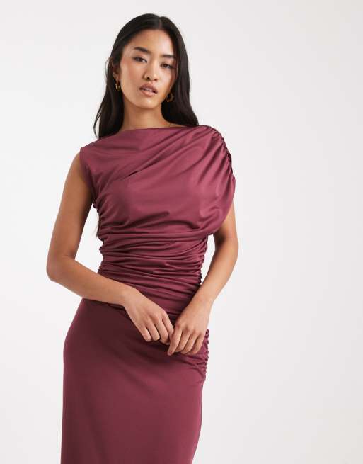 4th & Reckless exclusive double layered slinky drape off shoulder detail sleeveless maxi dress in burgundy, 4 of 4