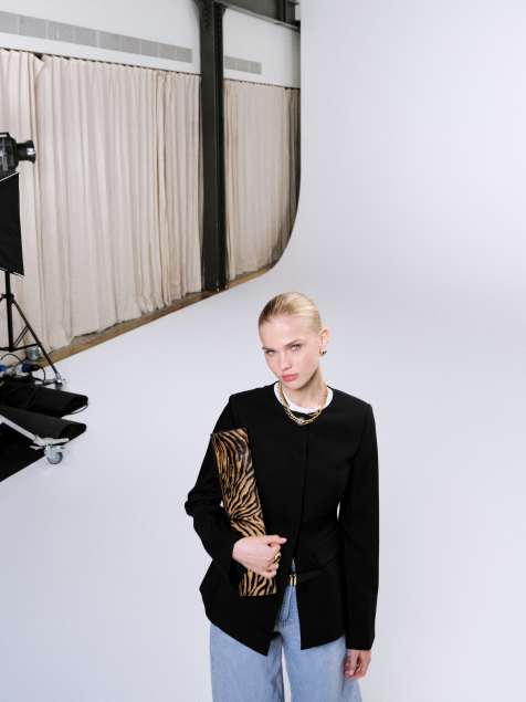 4th & Reckless exclusive fitted waist collarless cocoon sleeve blazer in black