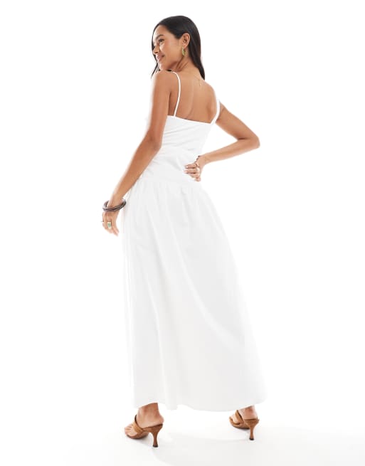 knee length dresses for ladies ELODIE Strapless Drop Waist Midi Dress with Sash Neckpiece (White Linen  Blend) main image 1