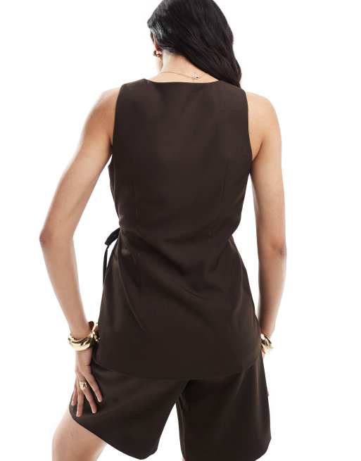 4th & Reckless exclusive longline tie side tailored waistcoat co-ord in brown, 2 of 4