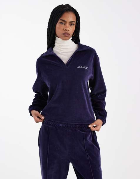 4th & Reckless exclusive velour v neck collared embroidered logo sweatshirt co-ord in navy