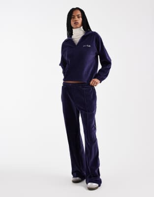 4th & Reckless Exclusive Velour V Neck Collared Embroidered Logo Sweatshirt Co-ord In Blue