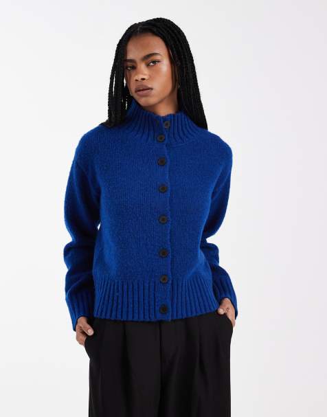 4th & Reckless exclusive wool feel funnel neck button through cardigan in cobalt - view 1