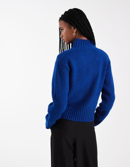 4th & Reckless exclusive wool feel funnel neck button through cardigan in cobalt, 4 of 4