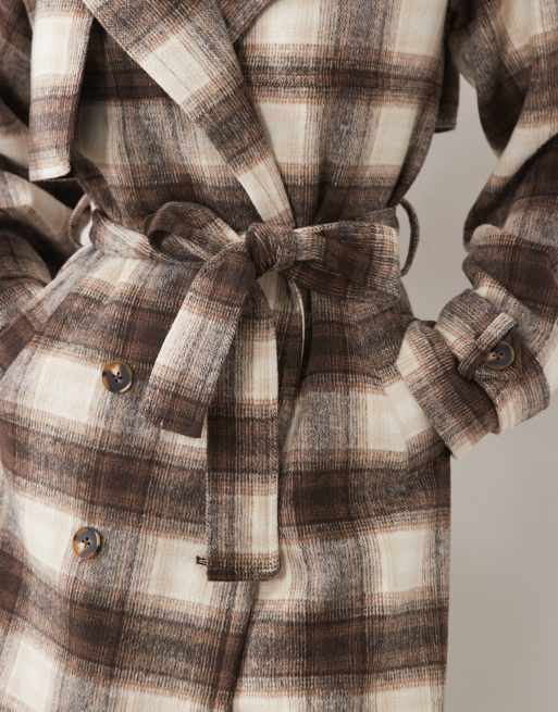 4th & Reckless exclusive wool feel longline belted trench coat in brown & cream check, 2 of 4