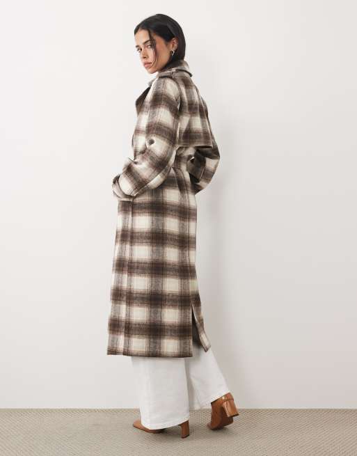 4th & Reckless exclusive wool feel longline belted trench coat in brown & cream check, 3 of 4