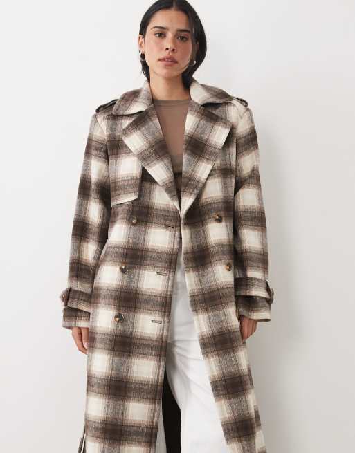 4th & Reckless exclusive wool feel longline belted trench coat in brown & cream plaid, 4 of 4
