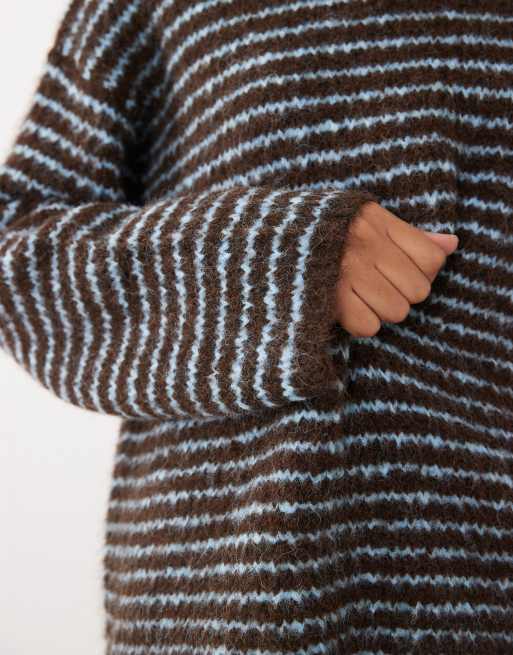 4th & Reckless exclusive wool feel textured wide sleeve crew neck jumper in chocolate & blue stripe, 2 of 4