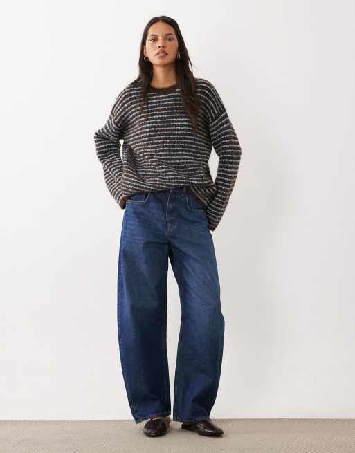 4th & Reckless Exclusive wool feel textured wide sleeve crew neck sweater in chocolate & blue stripe, 3 of 4