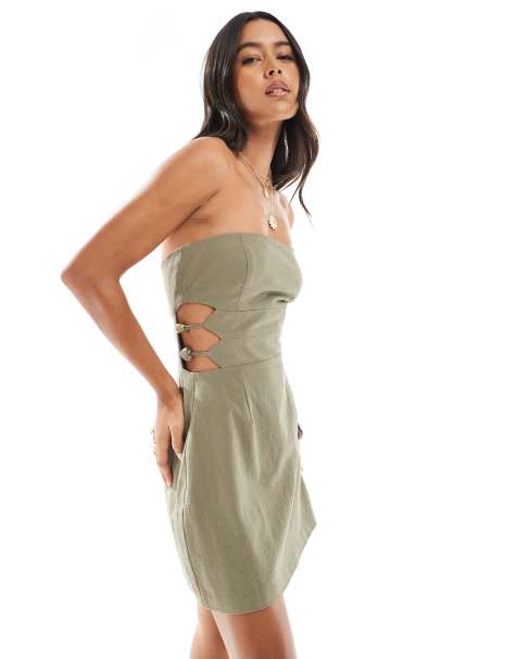 4th & Reckless – Exklusiv – Trägerloses Minikleid in Olive mit Leinenoptik, Cut-out und Perlendetail - view 1