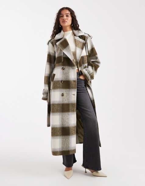 4th & Reckless – Exklusiver, karierter Longline-Trenchcoat in Grün und Cremeweiß mit Wollhaptik und Bindegürtel - view 1
