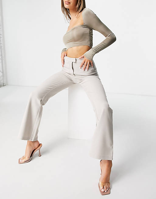 4th & Reckless exposed pocket flare trouser in light oatmeal