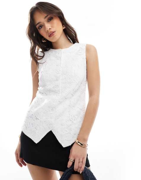 4th & Reckless eyelet lace button through vest in white - view 1