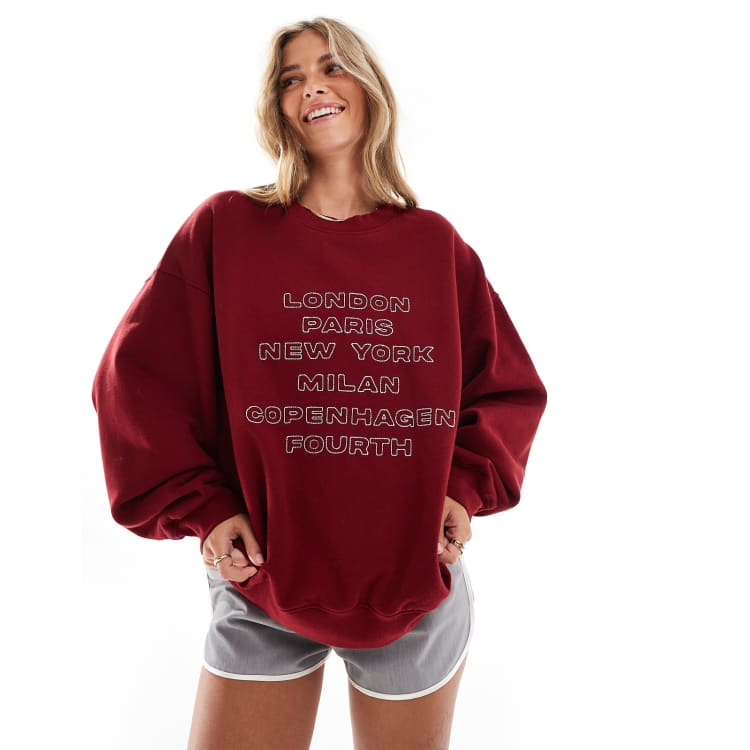 4th Reckless fashion week cities motif sweatshirt in burgundy ASOS