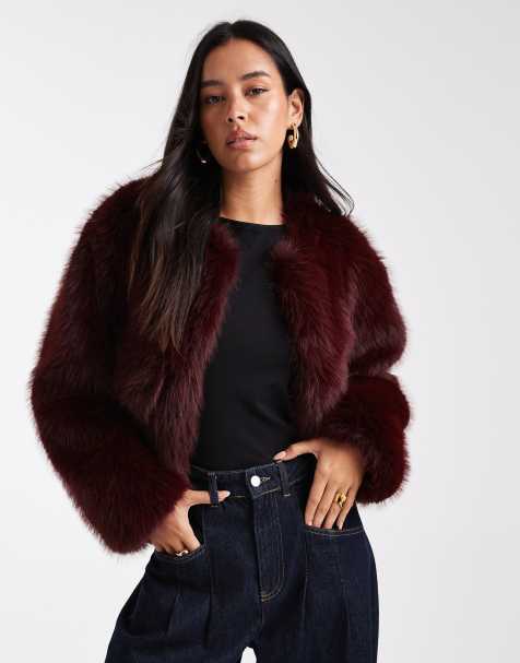 4th & Reckless faux fur cropped collarless jacket in burgundy