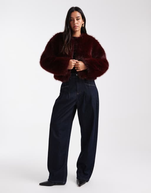 4th & Reckless faux fur cropped collarless jacket in burgundy