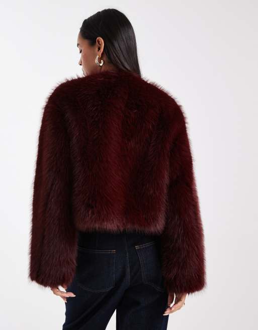 4th & Reckless faux fur cropped collarless jacket in burgundy