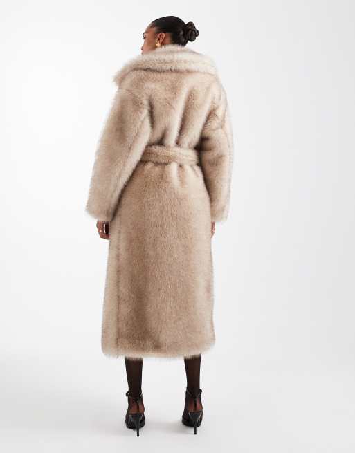  4th & Reckless faux fur oversized belted maxi coat in beige, 3 of 4
