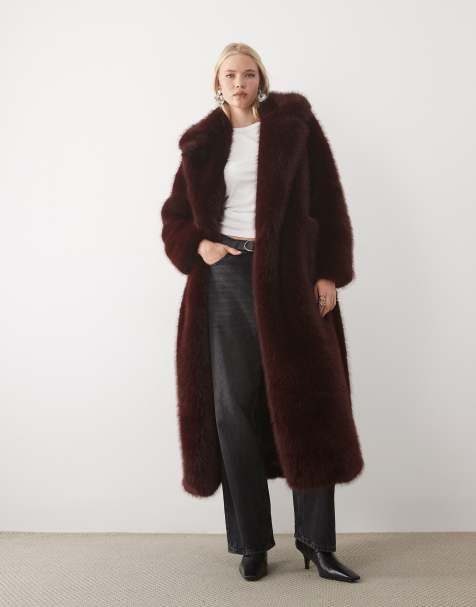 4th & Reckless faux fur oversized belted maxi coat in burgundy - view 1