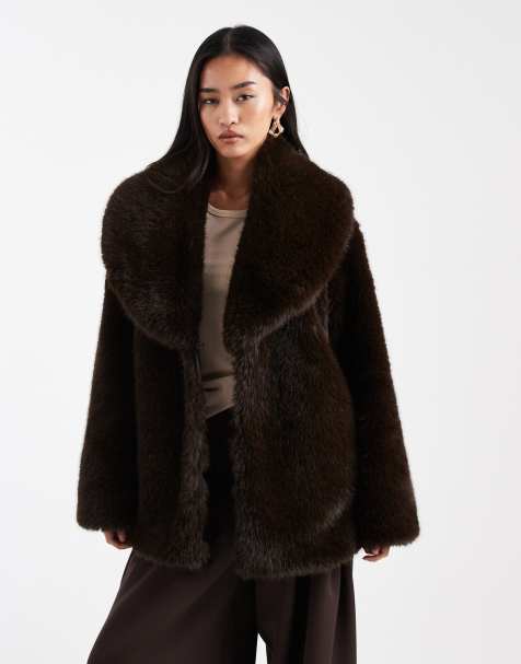 4th & Reckless faux fur oversized collar jacket in chocolate