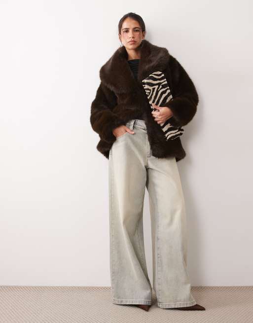 4th & Reckless faux fur oversized collar jacket in chocolate, 2 of 4