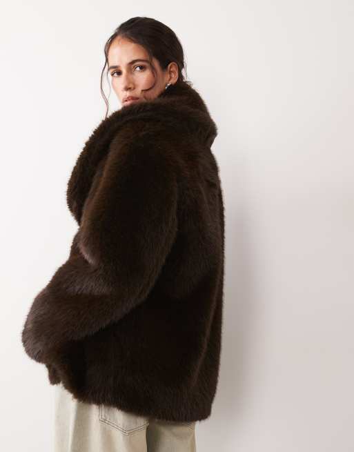 4th & Reckless faux fur oversized collar jacket in chocolate, 4 of 4