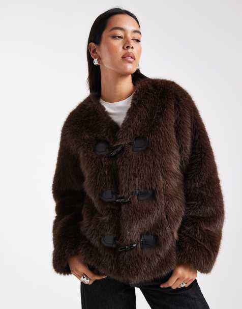 4th & Reckless faux fur toggle detail collarless jacket in chocolate brown