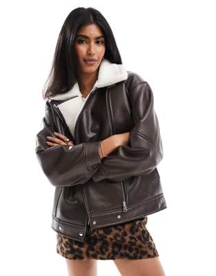 faux leather and shearling aviator jacket in chocolate-Brown