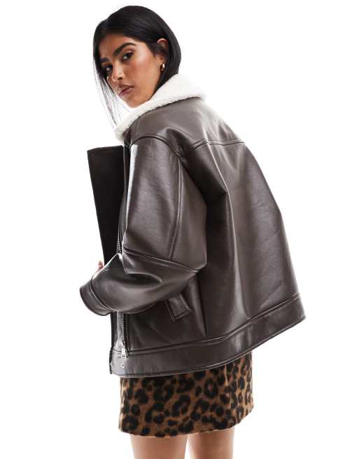 4th & Reckless faux leather and shearling aviator jacket in chocolate