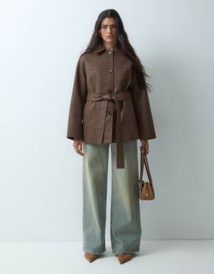 4th & Reckless Faux Leather Collared Belted Jacket In Brown