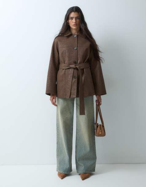 4th & Reckless faux leather collared belted jacket in chocolate - view 1