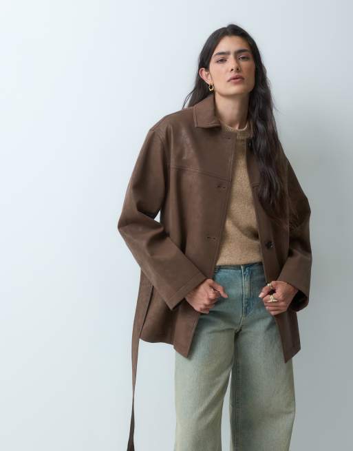 4th & Reckless faux leather collared belted jacket in chocolate, 2 of 4